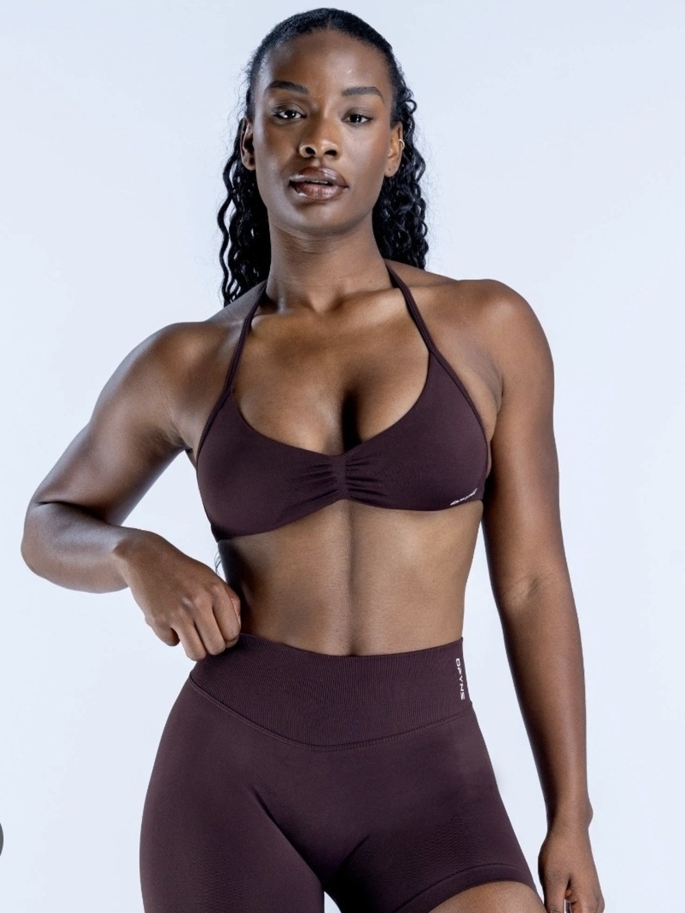DFYNE Impact Strappy - Seamless Halter Bralette in Truffle